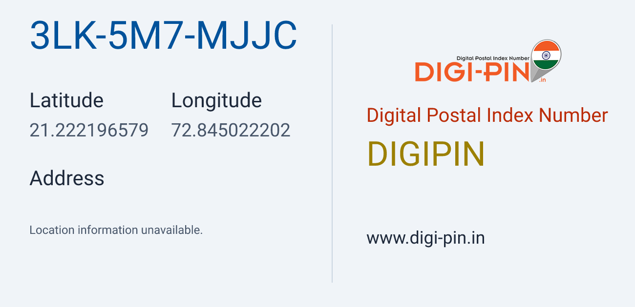 DigiPin 3LK-5M7-MJJC location map showing coordinates 21.222197, 72.845022