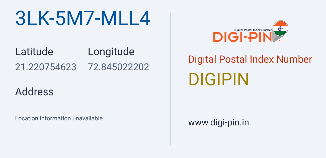 DigiPin 3LK-5M7-MLL4 location map showing coordinates 21.220755, 72.845022
