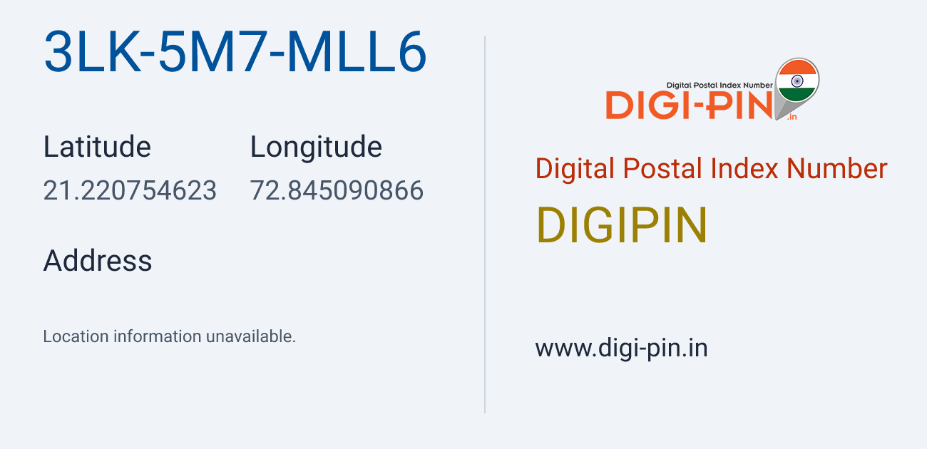 DigiPin 3LK-5M7-MLL6 location map showing coordinates 21.220755, 72.845091