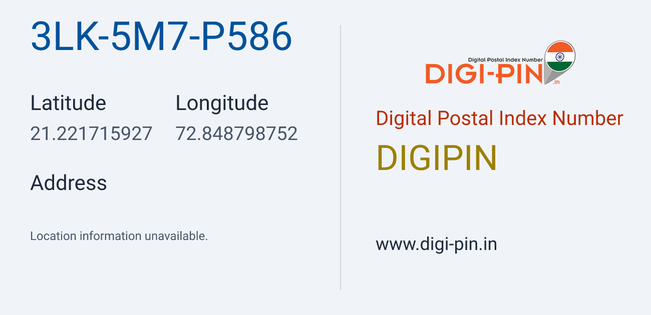 DigiPin 3LK-5M7-P586 location map showing coordinates 21.221716, 72.848799
