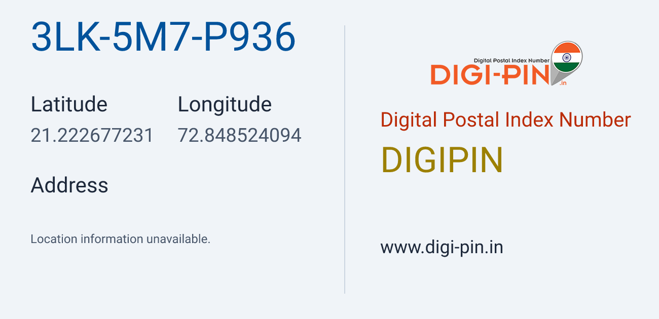 DigiPin 3LK-5M7-P936 location map showing coordinates 21.222677, 72.848524