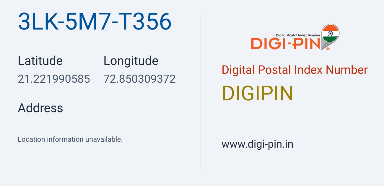 DigiPin 3LK-5M7-T356 location map showing coordinates 21.221991, 72.850309