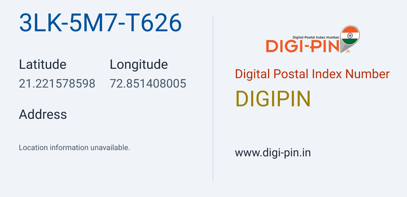 DigiPin 3LK-5M7-T626 location map showing coordinates 21.221579, 72.851408
