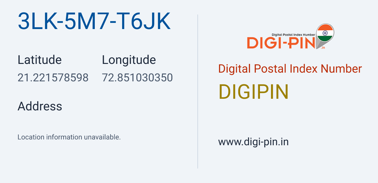 DigiPin 3LK-5M7-T6JK location map showing coordinates 21.221579, 72.851030