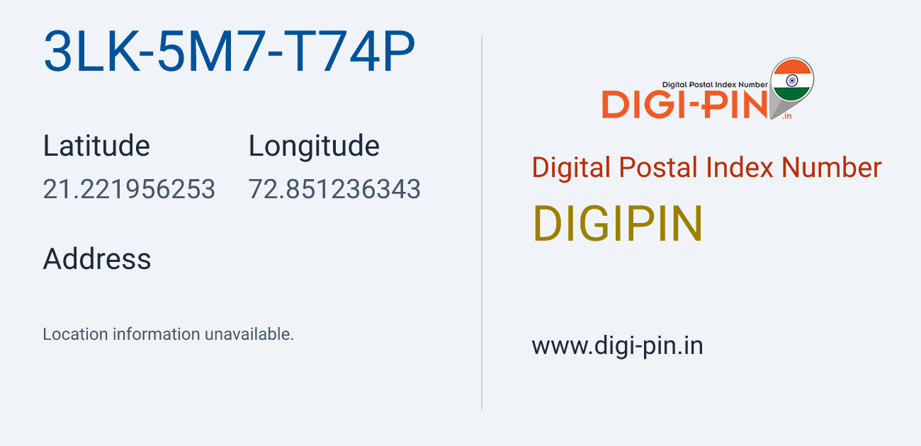 DigiPin 3LK-5M7-T74P location map showing coordinates 21.221956, 72.851236