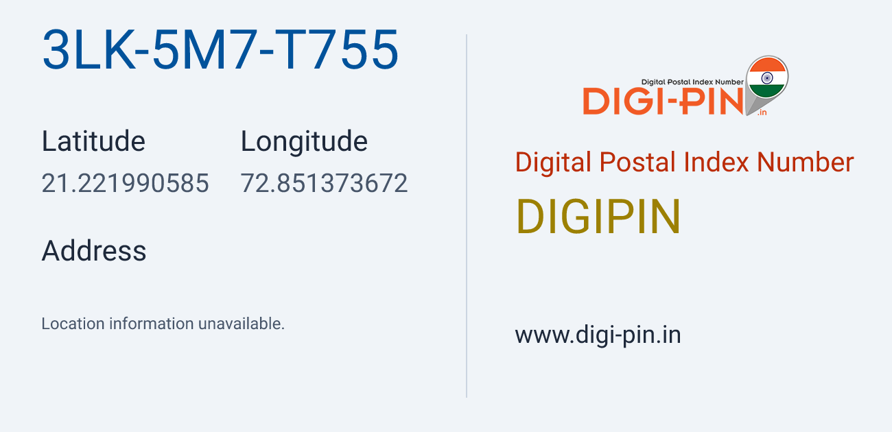 DigiPin 3LK-5M7-T755 location map showing coordinates 21.221991, 72.851374
