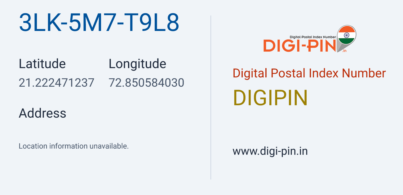 DigiPin 3LK-5M7-T9L8 location map showing coordinates 21.222471, 72.850584