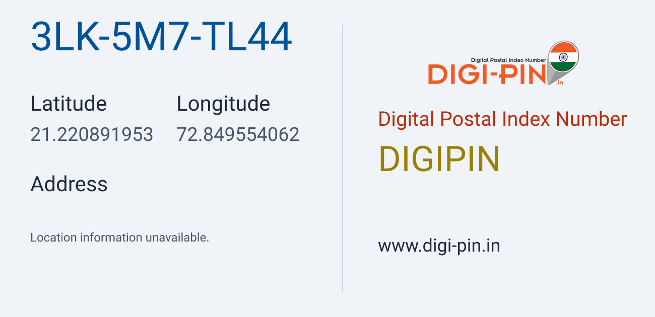 DigiPin 3LK-5M7-TL44 location map showing coordinates 21.220892, 72.849554
