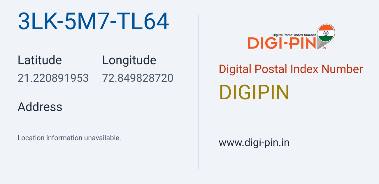 DigiPin 3LK-5M7-TL64 location map showing coordinates 21.220892, 72.849829