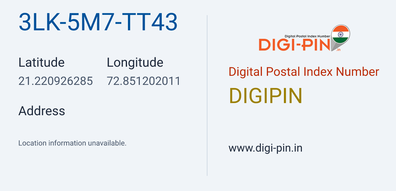 DigiPin 3LK-5M7-TT43 location map showing coordinates 21.220926, 72.851202