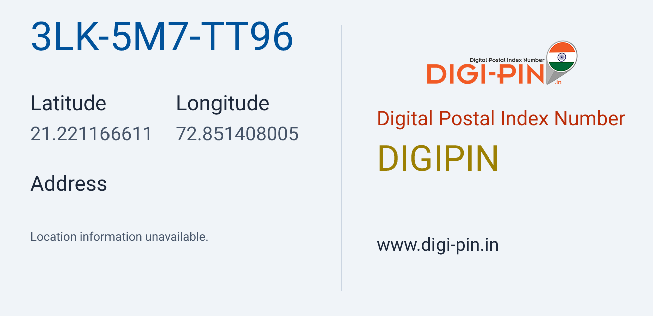 DigiPin 3LK-5M7-TT96 location map showing coordinates 21.221167, 72.851408