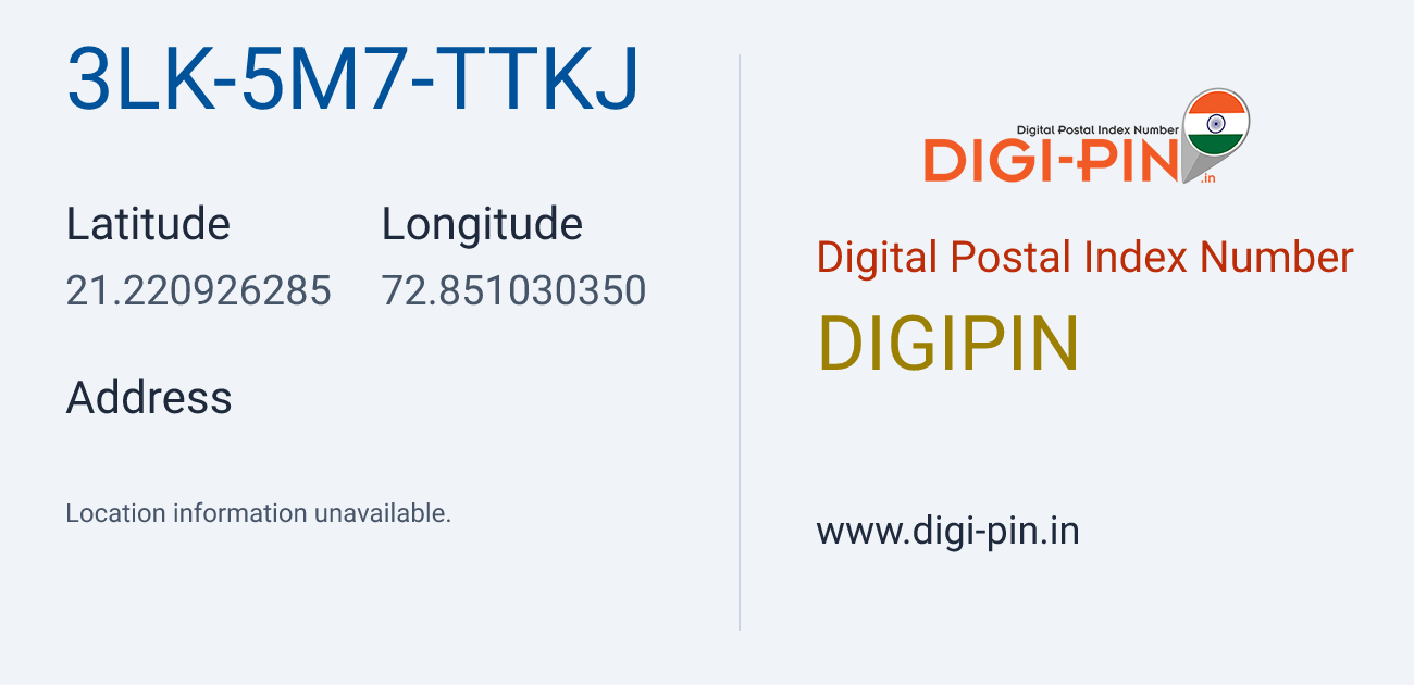 DigiPin 3LK-5M7-TTKJ location map showing coordinates 21.220926, 72.851030