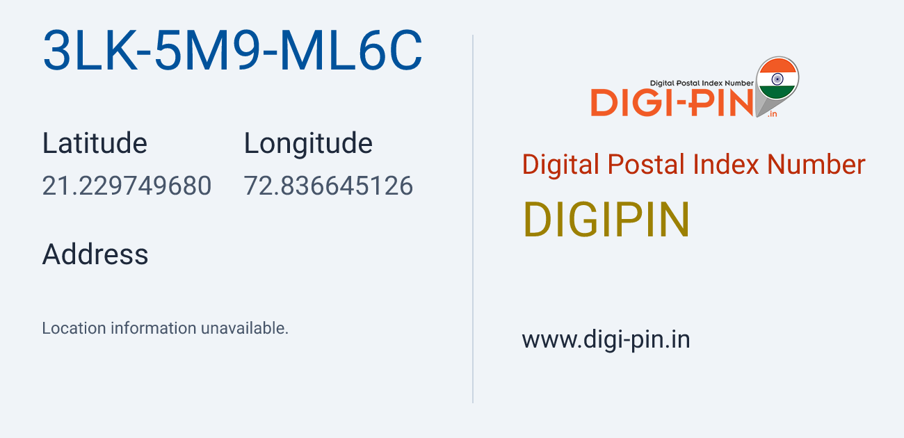 DigiPin 3LK-5M9-ML6C location map showing coordinates 21.229750, 72.836645