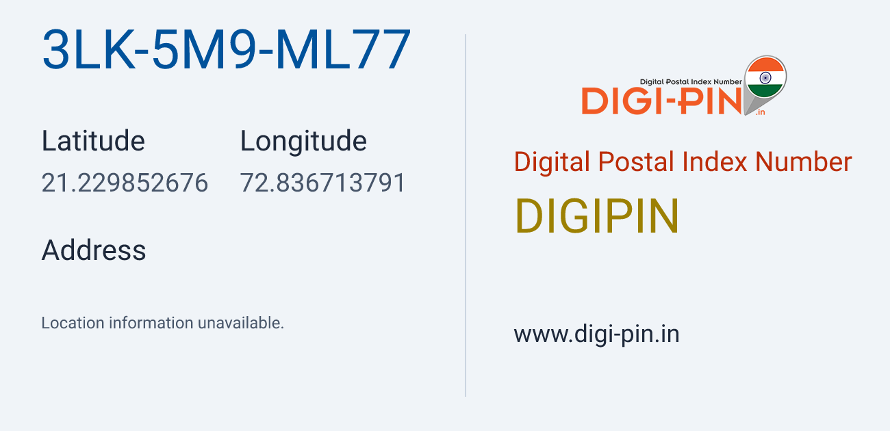 DigiPin 3LK-5M9-ML77 location map showing coordinates 21.229853, 72.836714