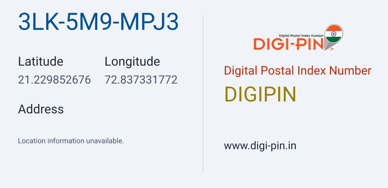 DigiPin 3LK-5M9-MPJ3 location map showing coordinates 21.229853, 72.837332
