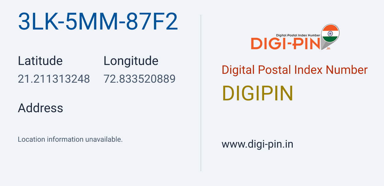DigiPin 3LK-5MM-87F2 location map showing coordinates 21.211313, 72.833521