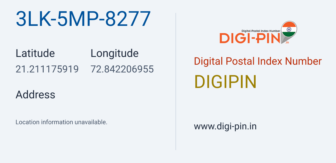DigiPin 3LK-5MP-8277 location map showing coordinates 21.211176, 72.842207