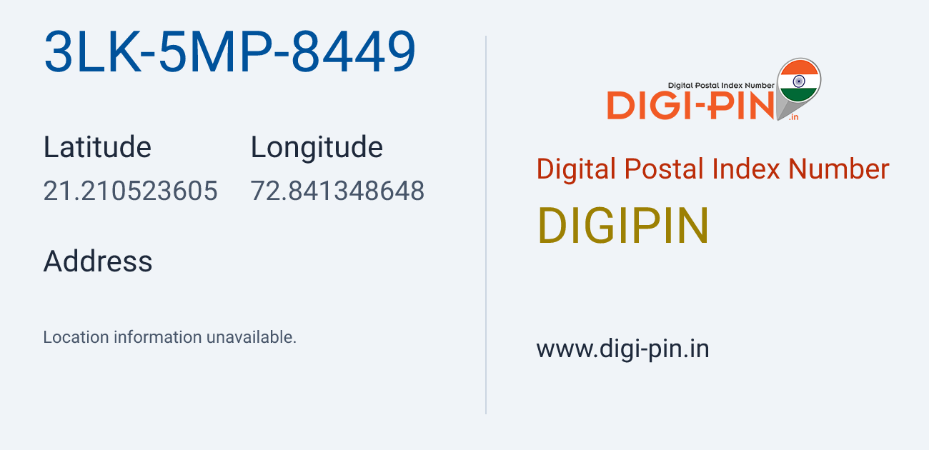 DigiPin 3LK-5MP-8449 location map showing coordinates 21.210524, 72.841349
