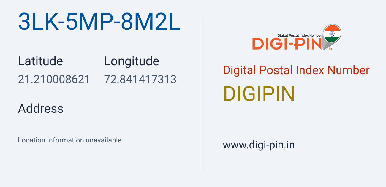 DigiPin 3LK-5MP-8M2L location map showing coordinates 21.210009, 72.841417