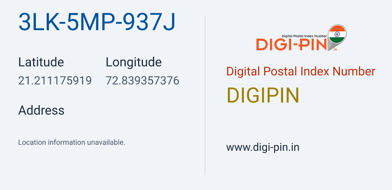 DigiPin 3LK-5MP-937J location map showing coordinates 21.211176, 72.839357
