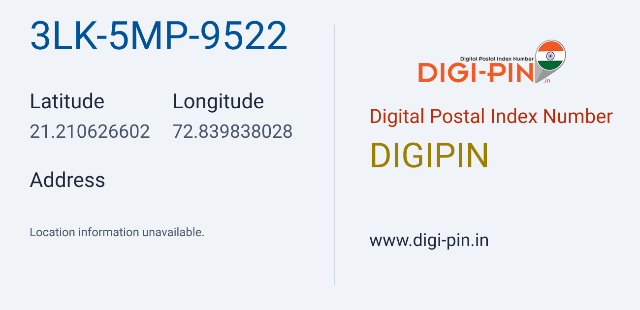 DigiPin 3LK-5MP-9522 location map showing coordinates 21.210627, 72.839838