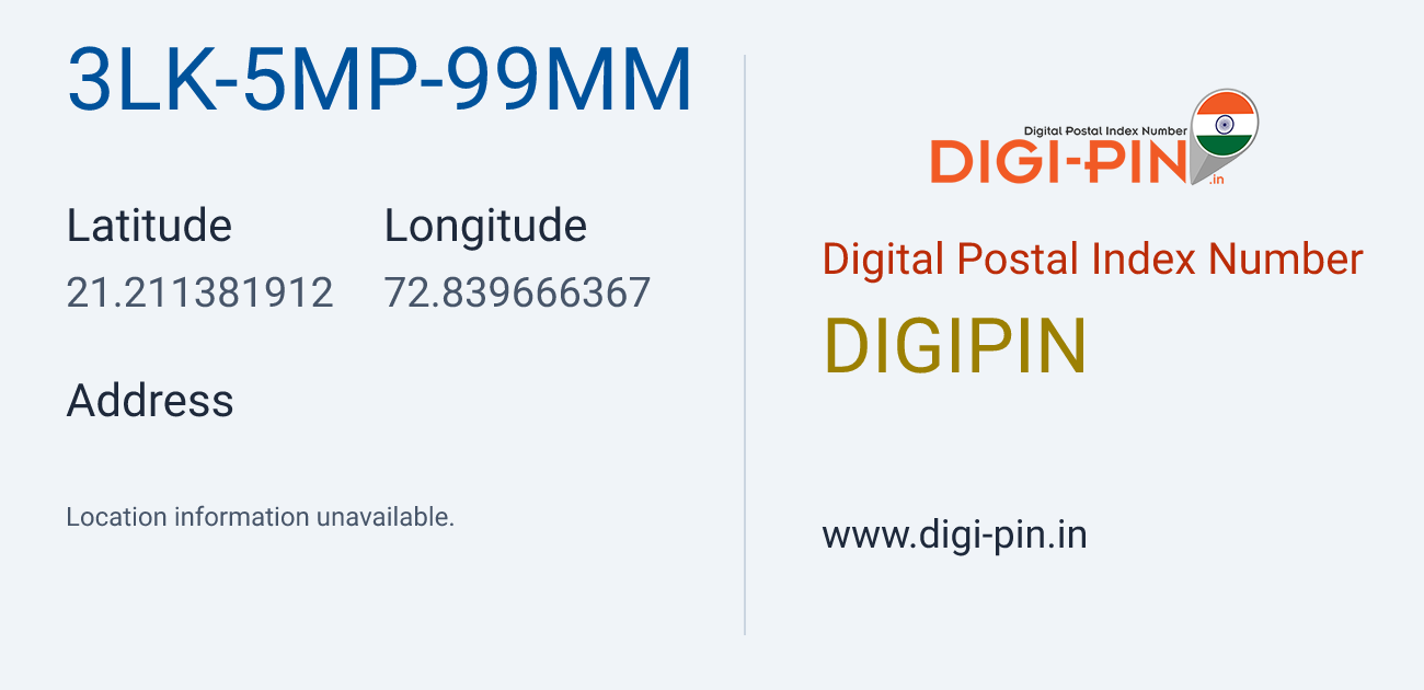DigiPin 3LK-5MP-99MM location map showing coordinates 21.211382, 72.839666