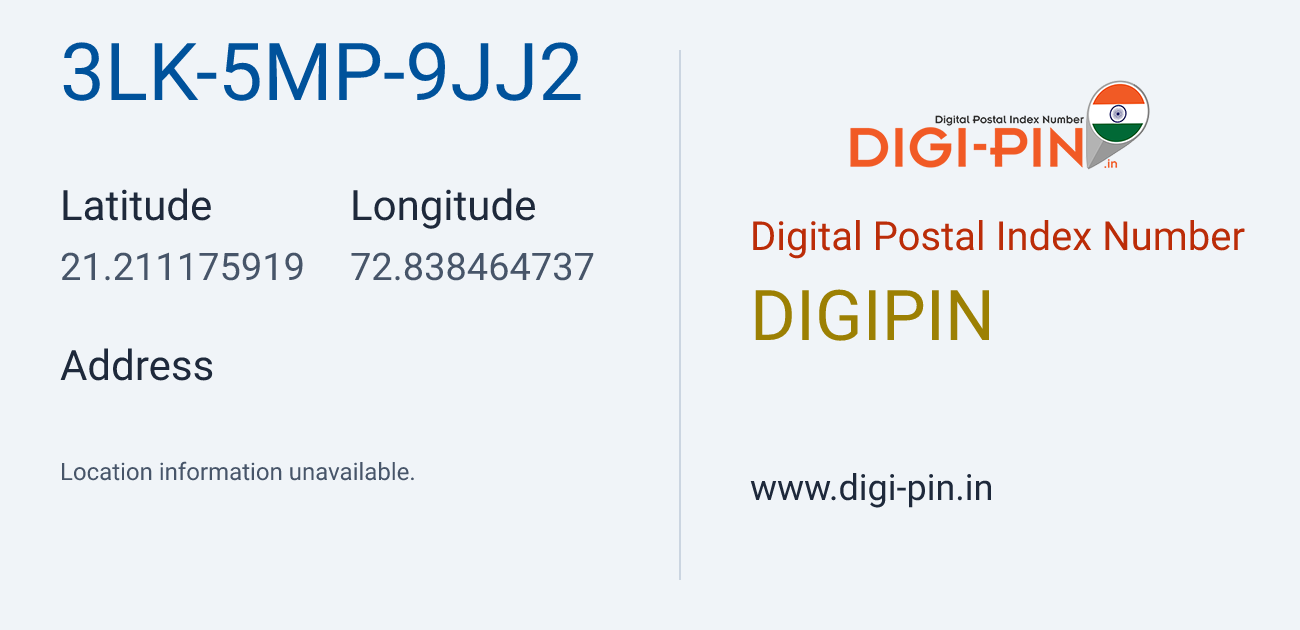 DigiPin 3LK-5MP-9JJ2 location map showing coordinates 21.211176, 72.838465