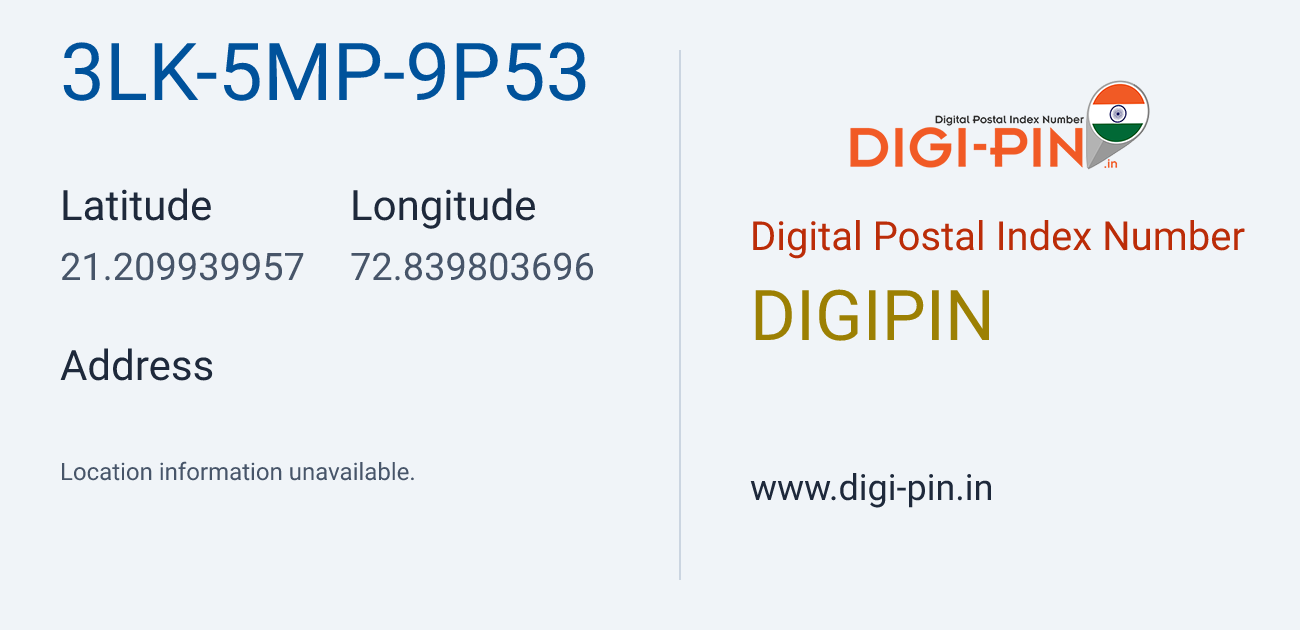 DigiPin 3LK-5MP-9P53 location map showing coordinates 21.209940, 72.839804