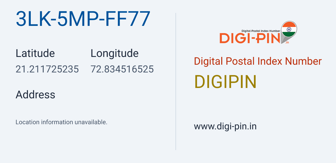 DigiPin 3LK-5MP-FF77 location map showing coordinates 21.211725, 72.834517
