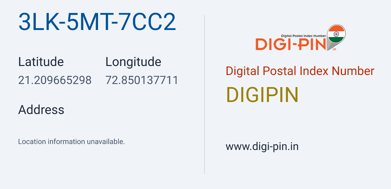 DigiPin 3LK-5MT-7CC2 location map showing coordinates 21.209665, 72.850138