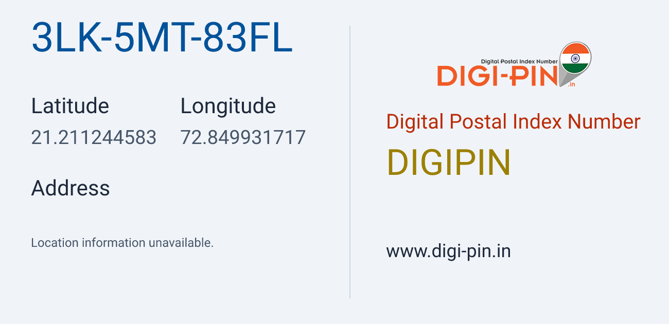 DigiPin 3LK-5MT-83FL location map showing coordinates 21.211245, 72.849932
