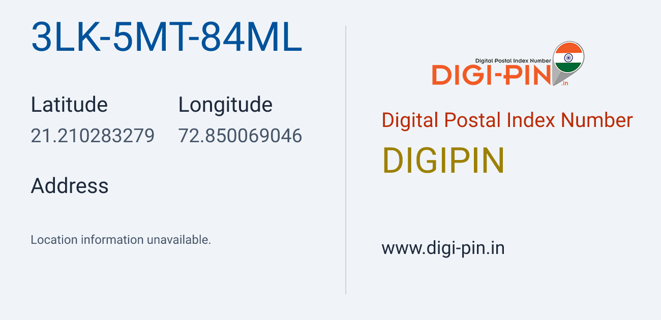 DigiPin 3LK-5MT-84ML location map showing coordinates 21.210283, 72.850069