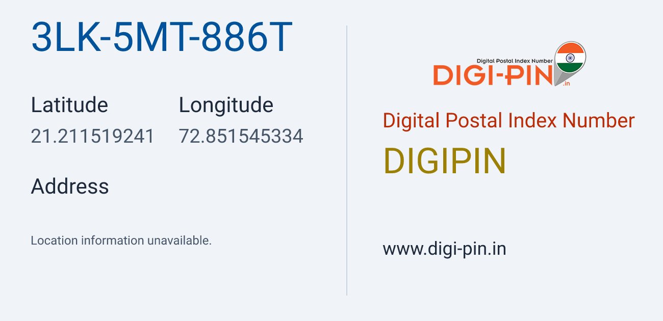 DigiPin 3LK-5MT-886T location map showing coordinates 21.211519, 72.851545