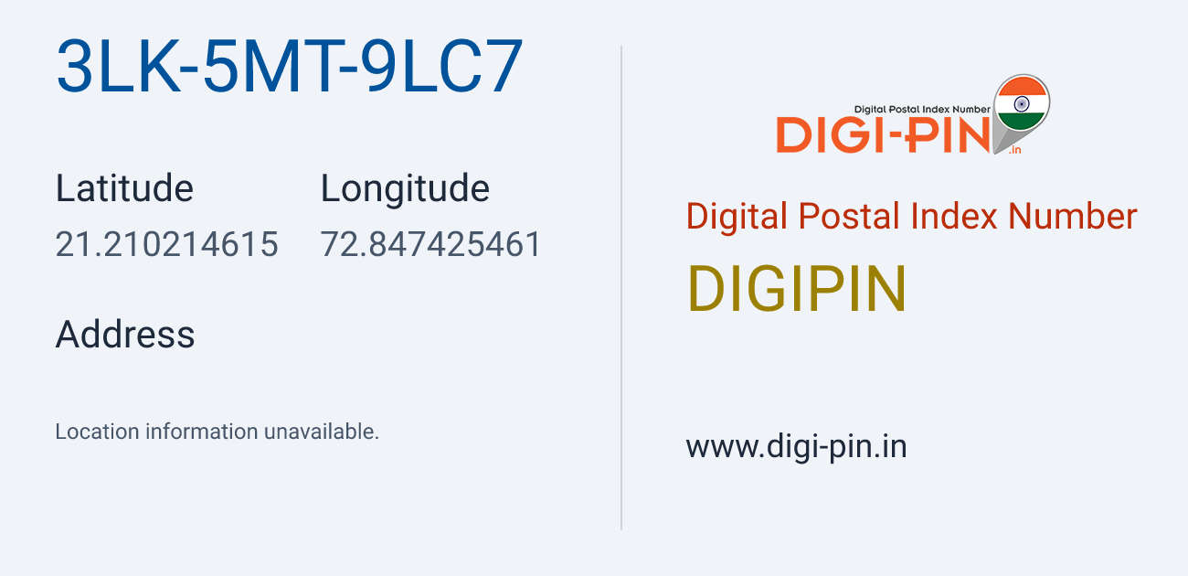 DigiPin 3LK-5MT-9LC7 location map showing coordinates 21.210215, 72.847425