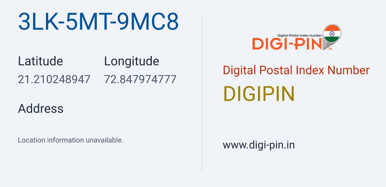DigiPin 3LK-5MT-9MC8 location map showing coordinates 21.210249, 72.847975