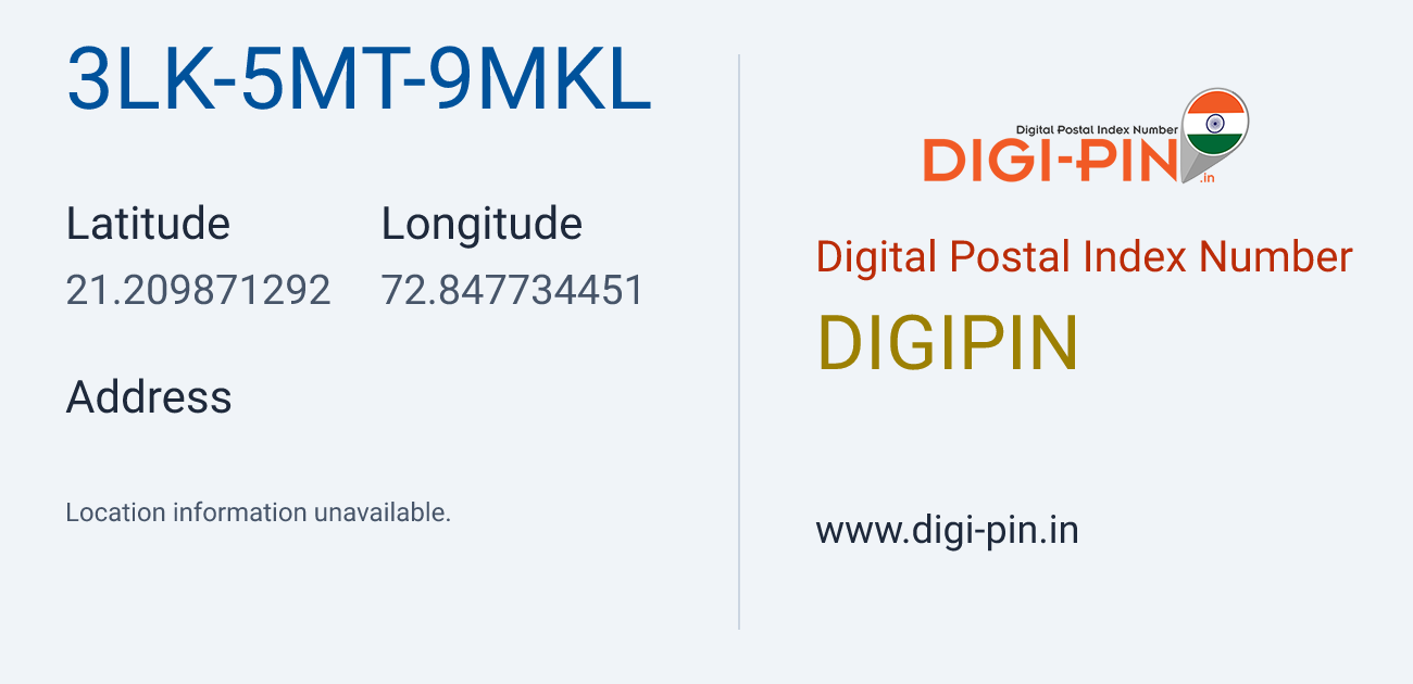 DigiPin 3LK-5MT-9MKL location map showing coordinates 21.209871, 72.847734