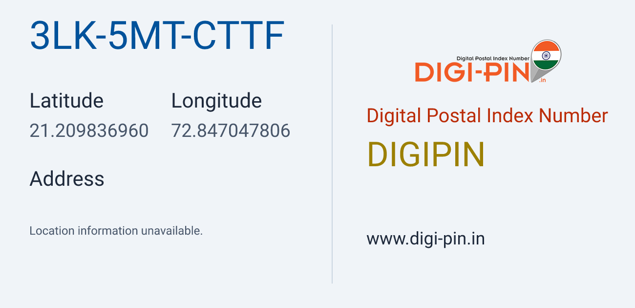 DigiPin 3LK-5MT-CTTF location map showing coordinates 21.209837, 72.847048