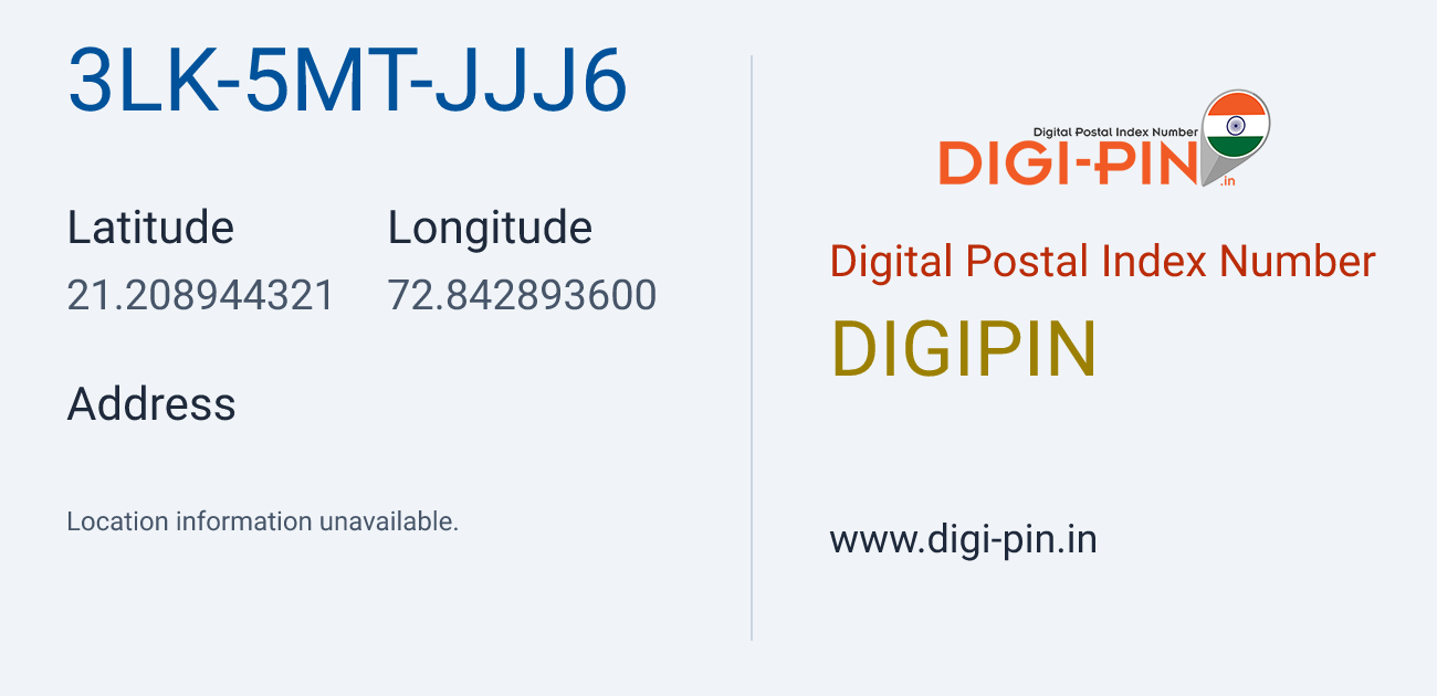 DigiPin 3LK-5MT-JJJ6 location map showing coordinates 21.208944, 72.842894
