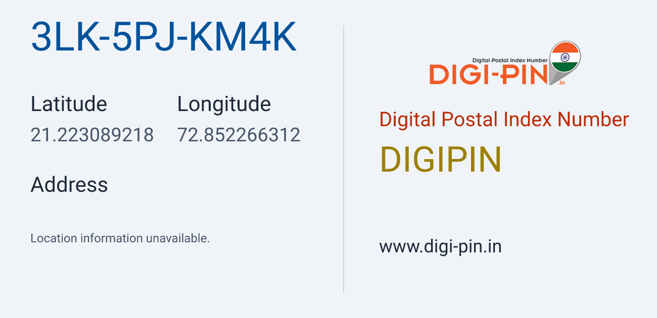 DigiPin 3LK-5PJ-KM4K location map showing coordinates 21.223089, 72.852266