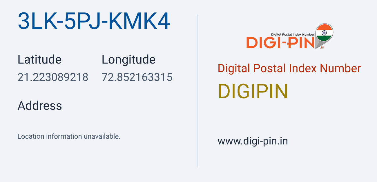 DigiPin 3LK-5PJ-KMK4 location map showing coordinates 21.223089, 72.852163