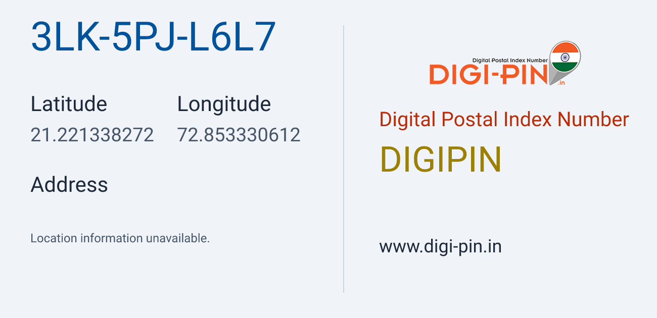DigiPin 3LK-5PJ-L6L7 location map showing coordinates 21.221338, 72.853331