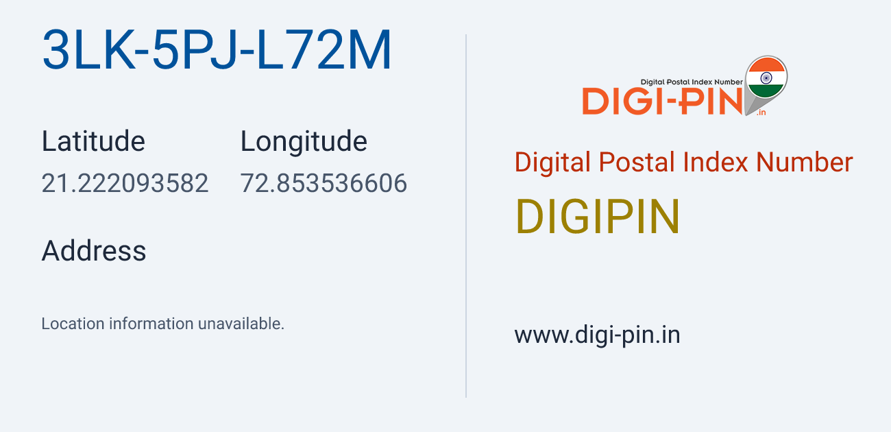 DigiPin 3LK-5PJ-L72M location map showing coordinates 21.222094, 72.853537