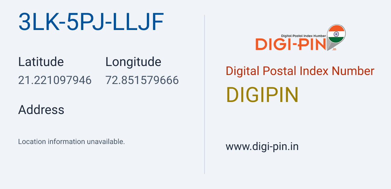 DigiPin 3LK-5PJ-LLJF location map showing coordinates 21.221098, 72.851580
