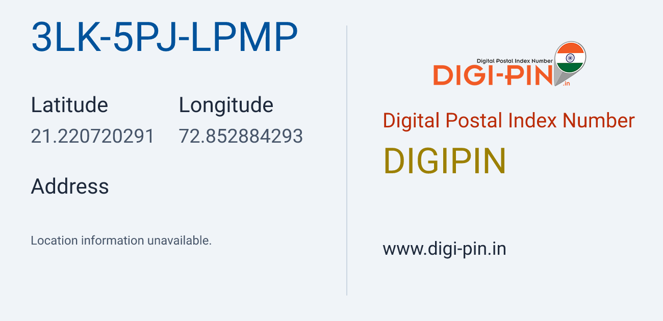 DigiPin 3LK-5PJ-LPMP location map showing coordinates 21.220720, 72.852884