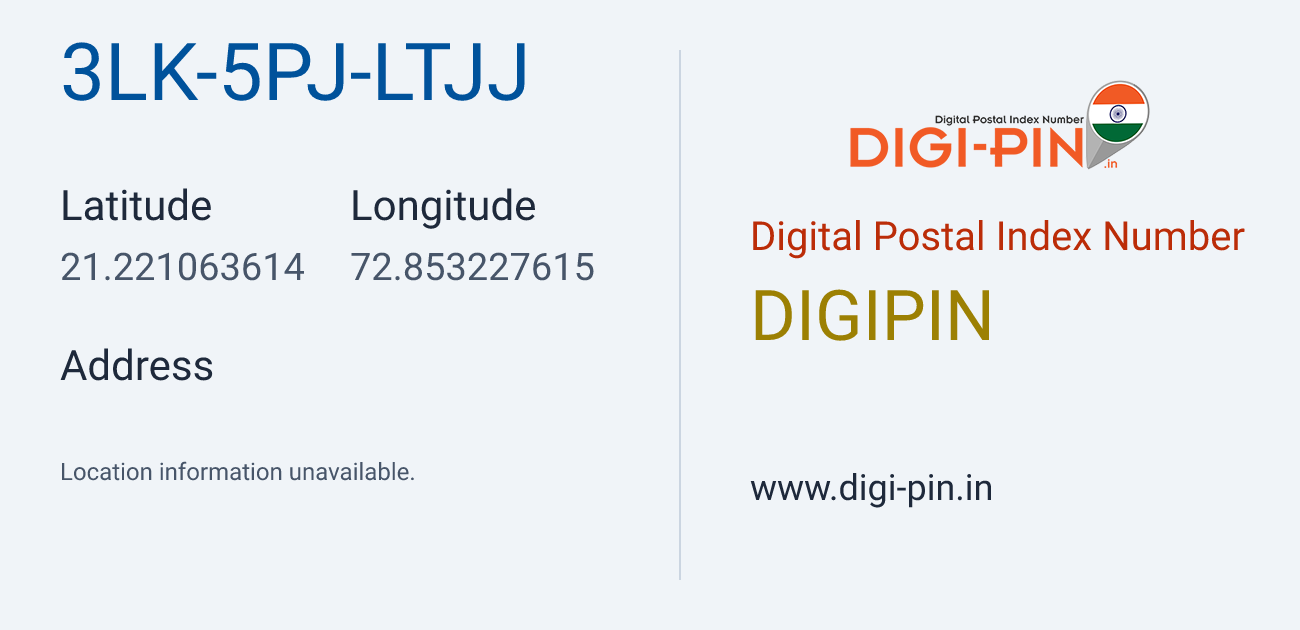 DigiPin 3LK-5PJ-LTJJ location map showing coordinates 21.221064, 72.853228