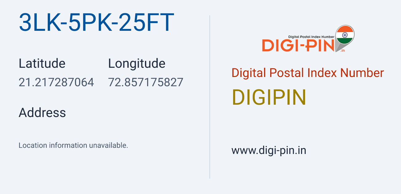 DigiPin 3LK-5PK-25FT location map showing coordinates 21.217287, 72.857176