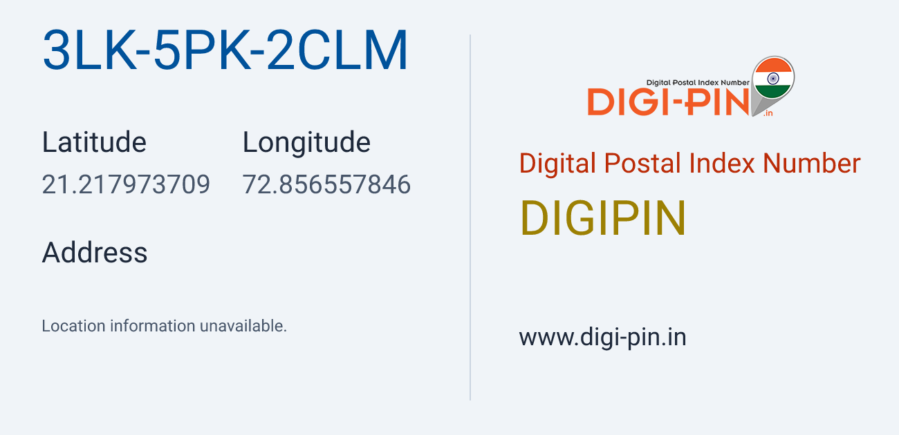 DigiPin 3LK-5PK-2CLM location map showing coordinates 21.217974, 72.856558