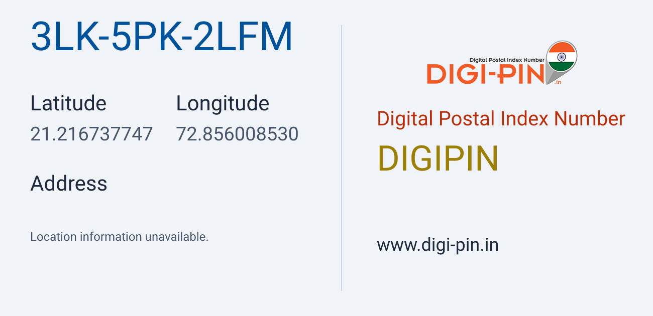 DigiPin 3LK-5PK-2LFM location map showing coordinates 21.216738, 72.856009