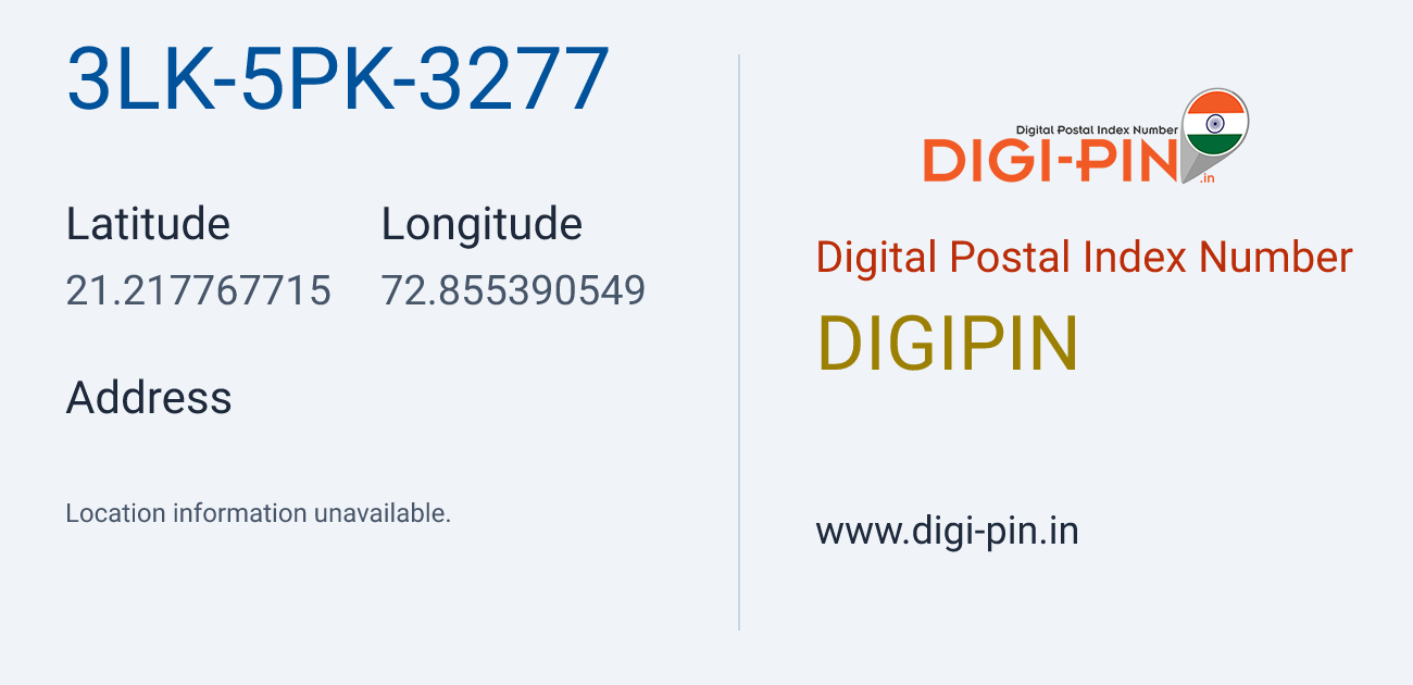 DigiPin 3LK-5PK-3277 location map showing coordinates 21.217768, 72.855391