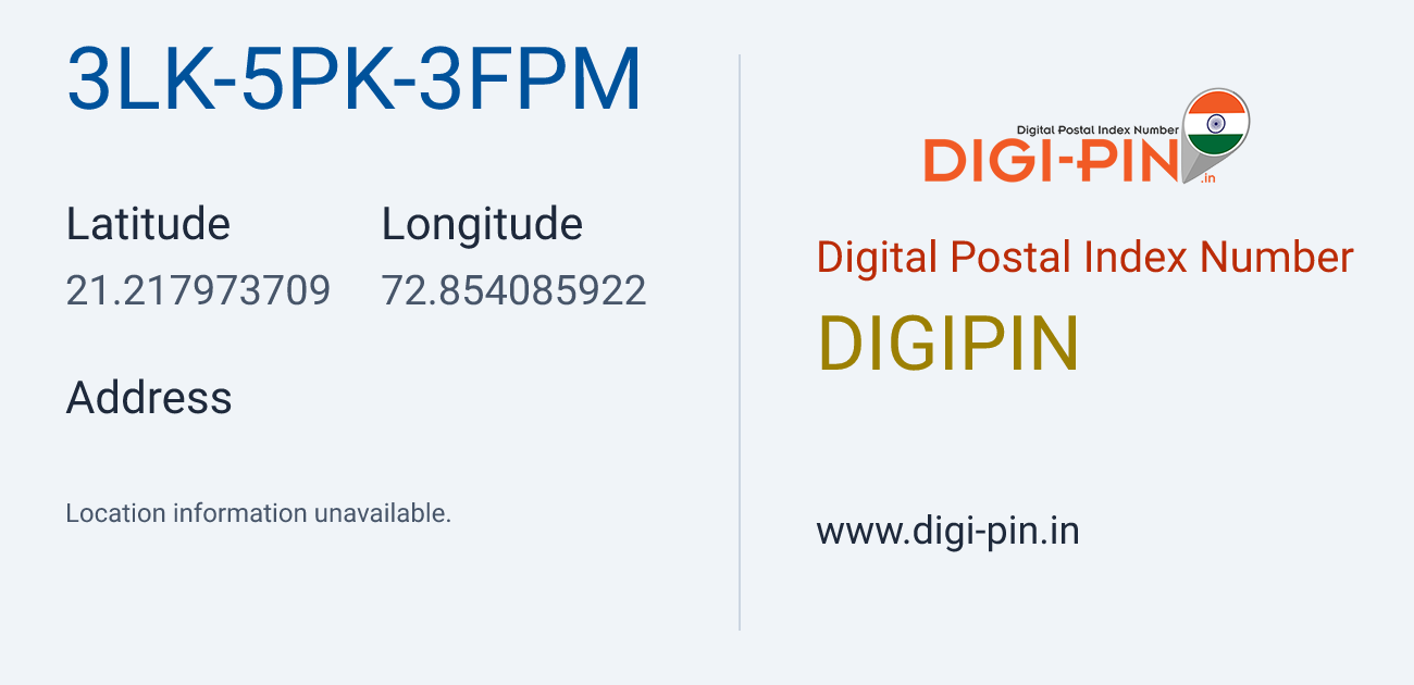 DigiPin 3LK-5PK-3FPM location map showing coordinates 21.217974, 72.854086